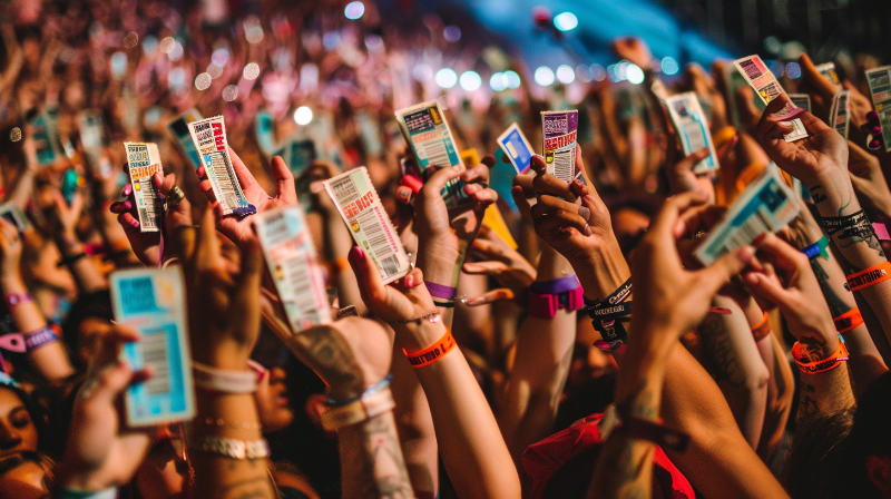 Pessoas em miniatura em fila para comprar ingressos sob um sinal luminoso, representando estratégias para aumentar vendas de ingressos de eventos.