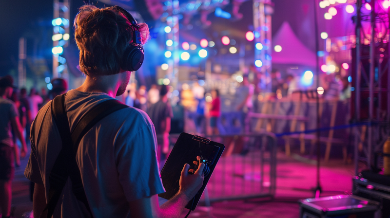 Palestrante em conferência com pessoas assistindo, gráfico colorido no telão, laptops e documentos simbolizando gestão do conhecimento em eventos.