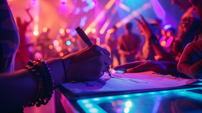 Uma mesa de escritório com laptop, contrato, caneta, calendário de eventos e xícara de café, ilustrando gestão de contratos e redução de riscos em eventos.