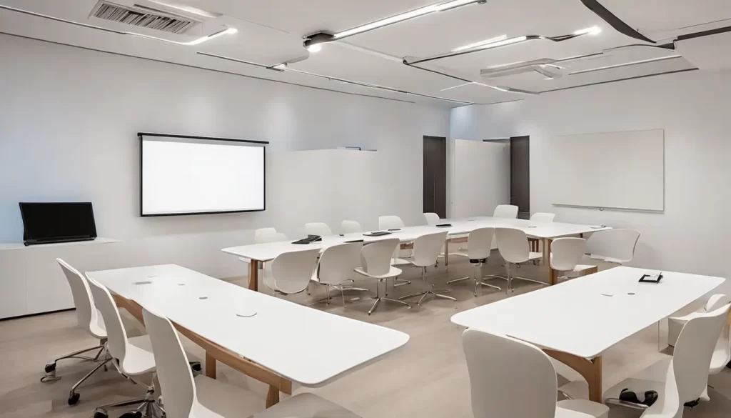 Imagem de uma sala de conferências onde participantes discutem e coordenam atividades de eventos de forma eficiente, usando laptops e cadernos.