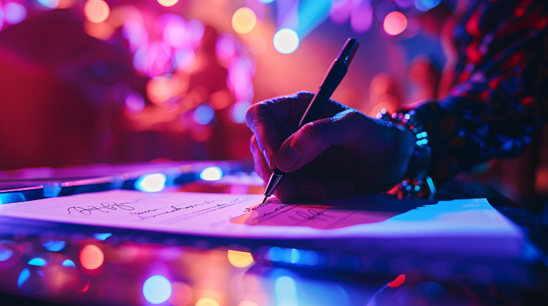 Imagem de uma mesa organizada com planejador de eventos aberto, laptop com gráficos e pastas coloridas, ideal para gestão de contratos de eventos.