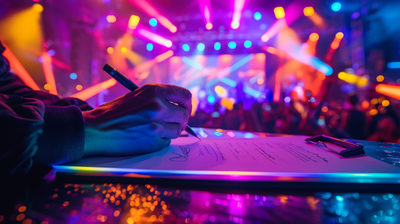 Imagem de uma mesa de escritório com contrato de eventos, caneta, laptop com calendário e planta, representando boas práticas na gestão de contratos.