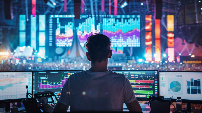Imagem de um escritório moderno com dispositivos mostrando gráficos de CRM, ideal para entender como a tecnologia aprimora o relacionamento em eventos.